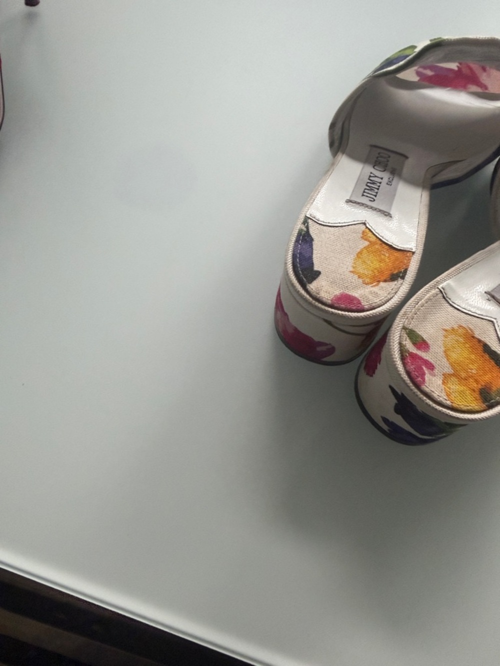Jimmy Choo Floral Canvas Open-Toe Mules - White with Pink, Purple, Yellow, Green - Picture 5 of 6